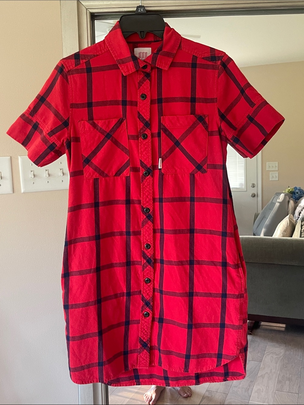 Topo Designs Red and Black Plaid Button-Front Midi Dress